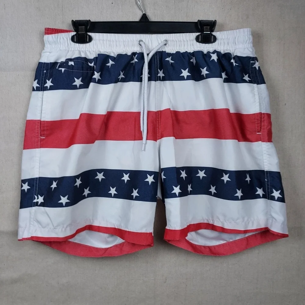 Free Planet Swim Trunks Mens XL Red White Blue Flag Lined DrawstringClassic...